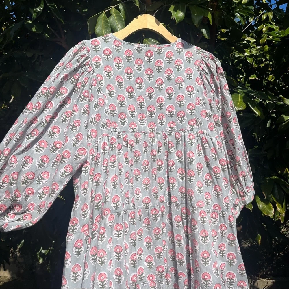 MAREA green pink floral border print cotton puff sleeve tiered mini dress - Picture 5 of 9